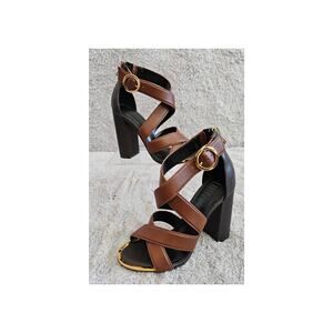 New DKNY Emelen Saddle/Espresso Strappy San‎ Heeled Sandal Women's Size 6.5M